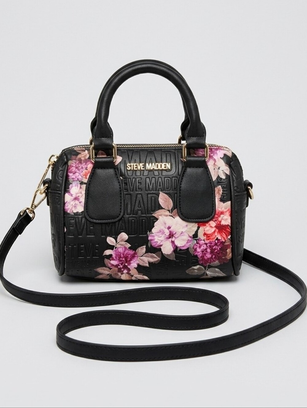 Steve Madden Floral Embossed Logo Mini Barrel Bag Crossbody Satchel Black Pink
